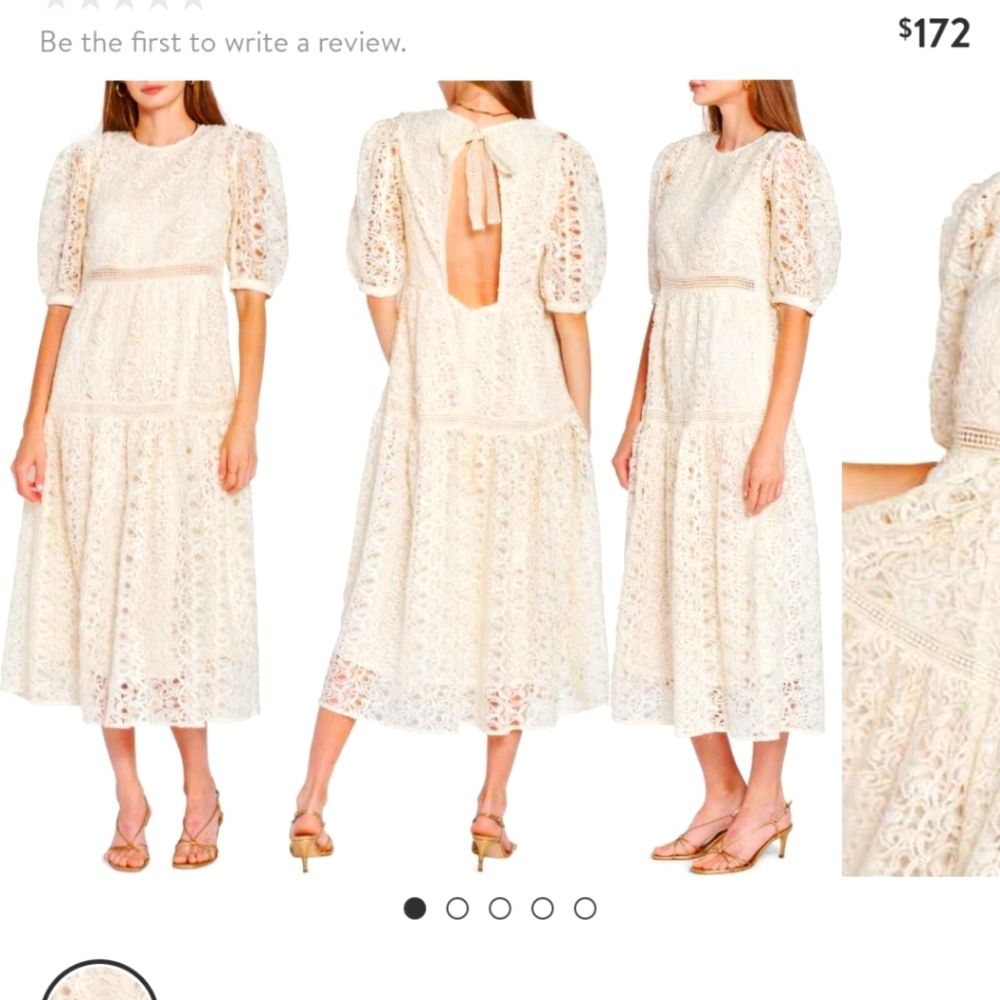 NWT En Saison Guipure Midi Lace Dress Boho Puffy Sleeves Bow Photos Eyelet Retro